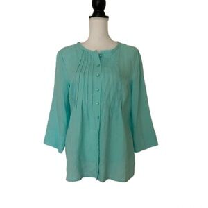 Vtg Choices Women’s Linen Teal Blue 3/4 Sleeve Button Front Blouse Top, Sz M